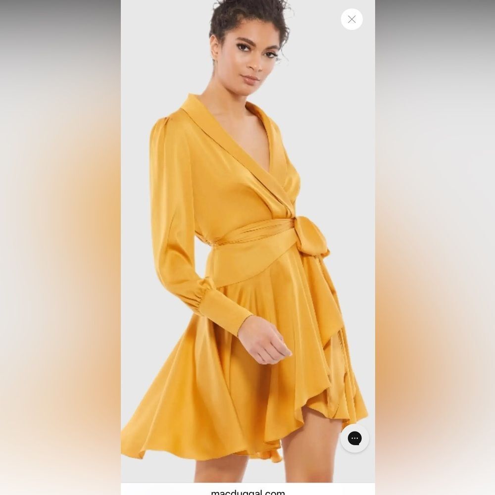 Mac Duggal Mustard Yellow Long Sleeve Wrap Fit-and-Flare Dress